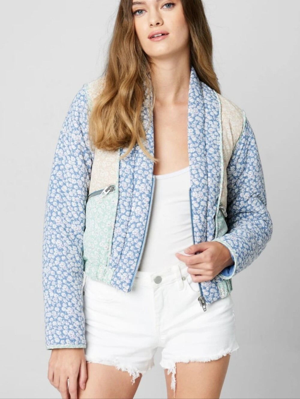 Blank NYC Quilted Patchwork Floral Zip-Up Jacket in Summer Romance